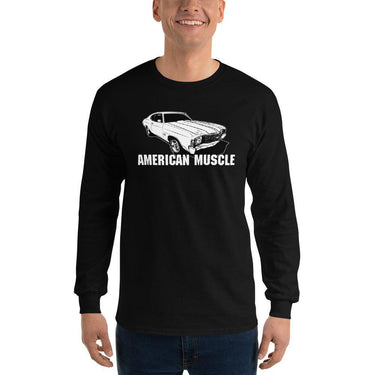 man modeling a 1972 Chevelle Car Long Sleeve Shirt American Muscle Car Tee black